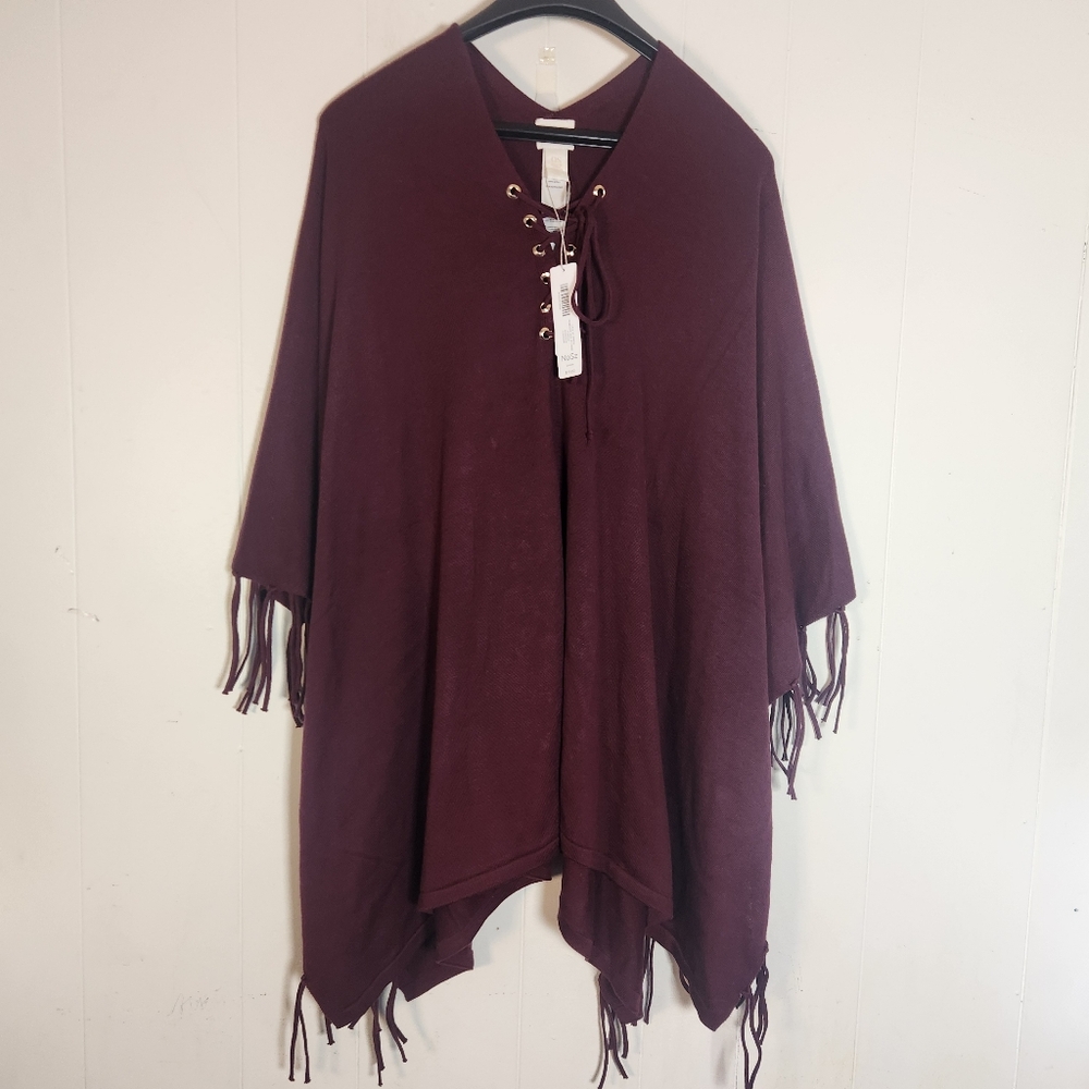 Chicos Monrovia Lace-up Fringe Poncho Shrug One Size Maroon Burgundy - Picture 1 of 14